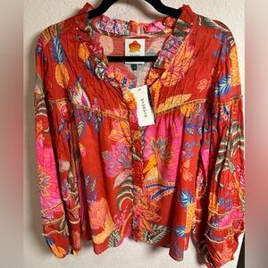 Farm Rio Floral Long Sleeve Red Blouse NWT